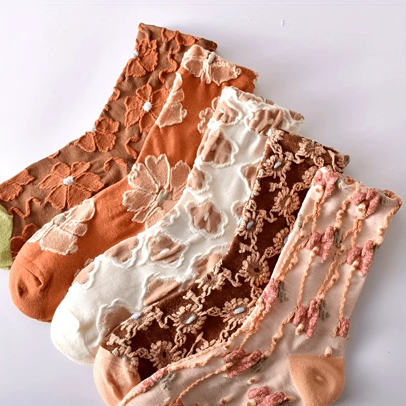 

5 пар носков в стиле ретро с 3D цветочной текстурой, милые и милые универсальные женские чулки и чулочно-носочные изделия