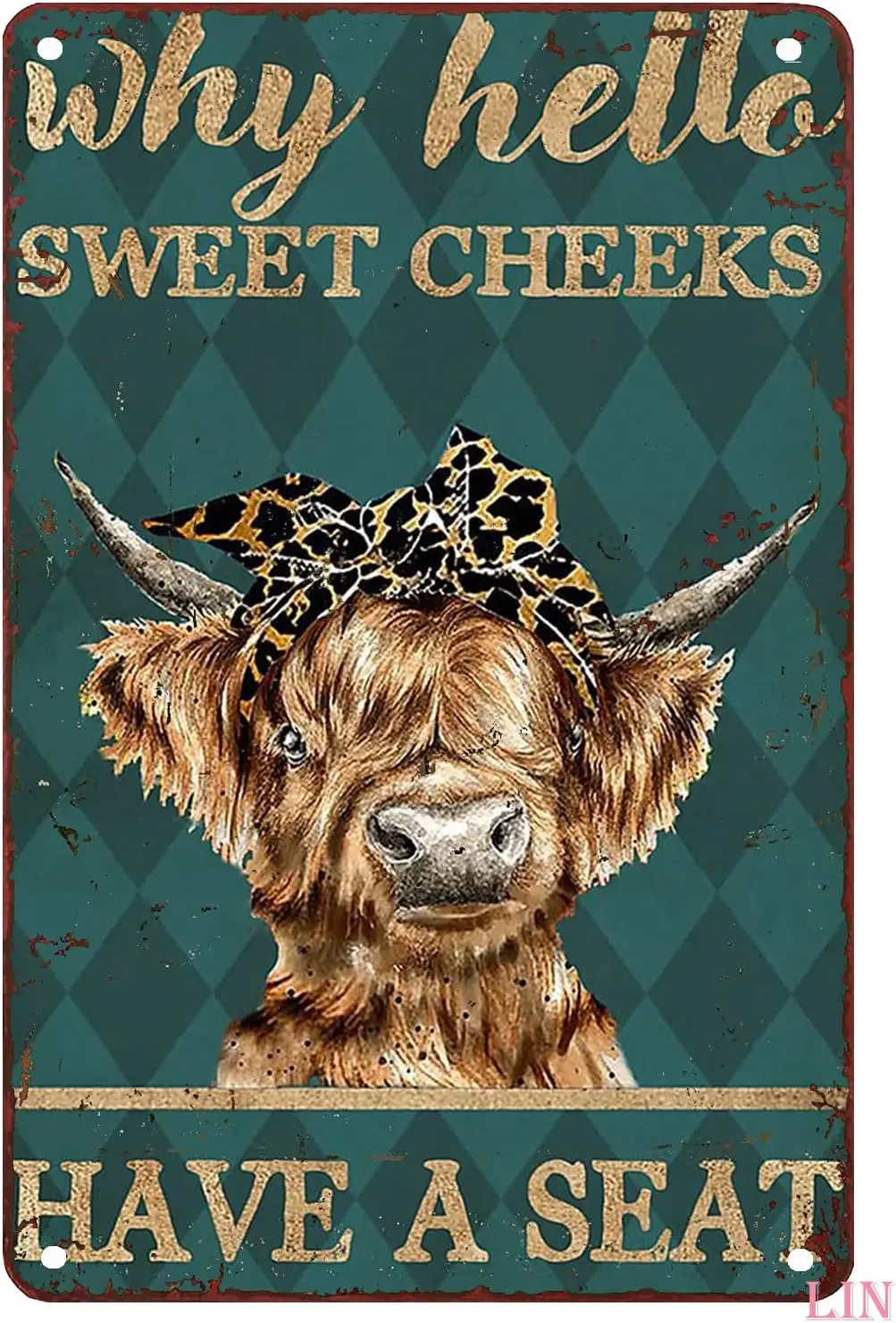 Rustic Metal Wall Art Highland Cow Decor Why Hello Sweet Cheeks Have A Seat Highland Cow Tin Sign Chic Art Wall Metal Decor sign