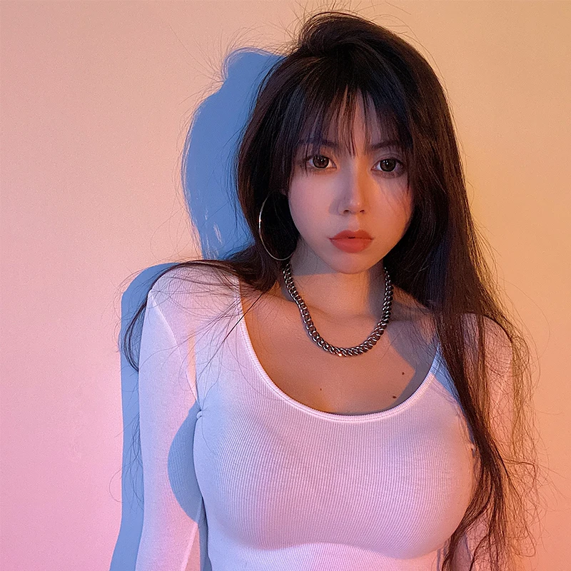

Sexy Slim Fit Short Crop Top T-Shirt YoungGirlDay Low round Neck Long Sleeve Elastic Base Shirt Women's Fashion Spring