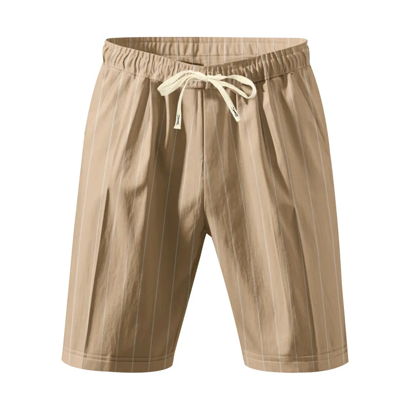 Summer Men's Striped Solid Color Pants with Drawstring Elastic Waist and Straight Trousers for Beachwear - Casual Shorts Bottoms