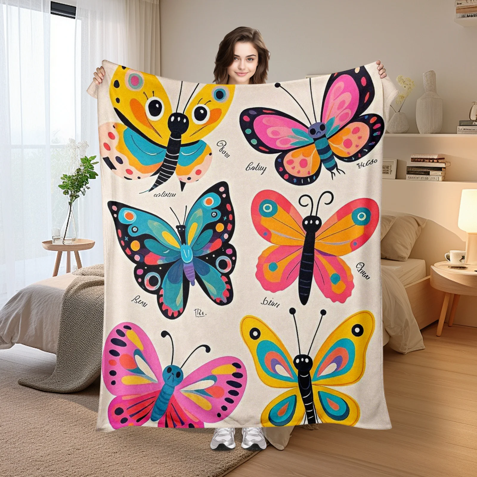 Cartoon Butterfly Pale Pink Background Colorful Design Warm Throw Blanket For Cozy Home Decor Or Outdoor Relaxation Comfort