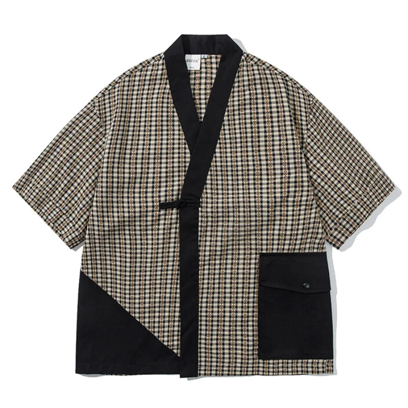 Fashion Stripe Pocket Haori Summer Traditional Japanese Robe Shirt Vintage Contrasting Colors Men Kimono 2025