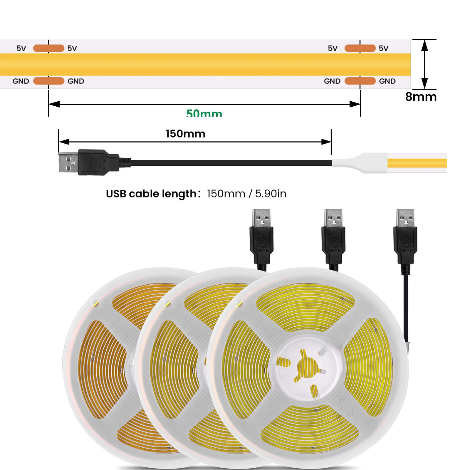 Tira COB USB de 5V CC, 320Leds/M PCB, 8MM, blanco/azul hielo/rosa/amarillo/rosa/rojo, cinta Flexible, lámpara nocturna, tira de LED para retroiluminación de TV