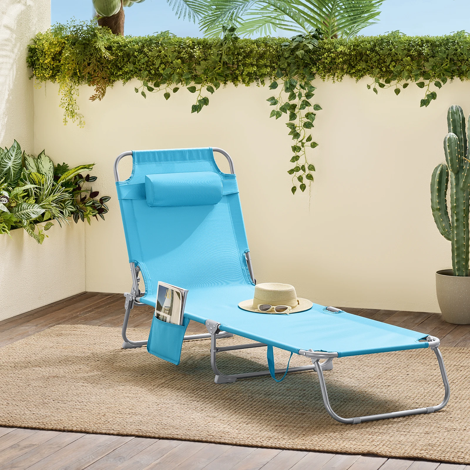 SoBuy OGS35 onnenliege klappbar Gartenliege Liegestuhl klappbar mit Kopfkissen & Seitentasche für Gartenmöbel 155x56x81cm – Detail 10