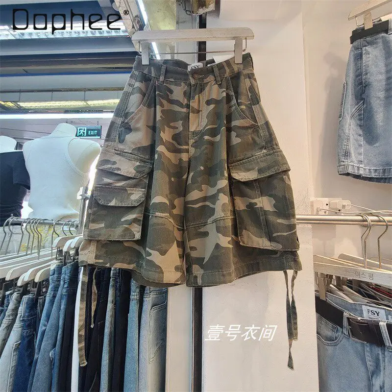 

Street Style Pocket Drawstring Waist Six-point Camouflage Wide-leg Jeans for Women 2026 New Summer Loose-fit Cargo Pants