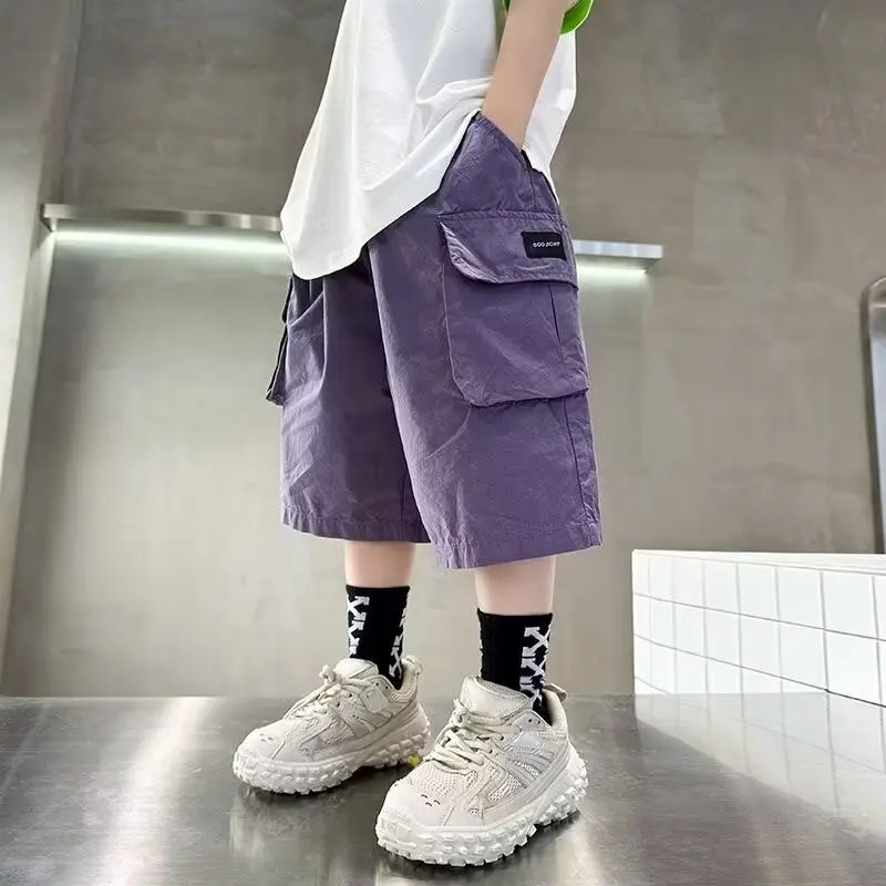 Summer New Teen Boys Cargo Shorts Solid Color Thin Big Pocket Loose Fit Five-Point Pants For 4-14 Years Kids Casual Trousers