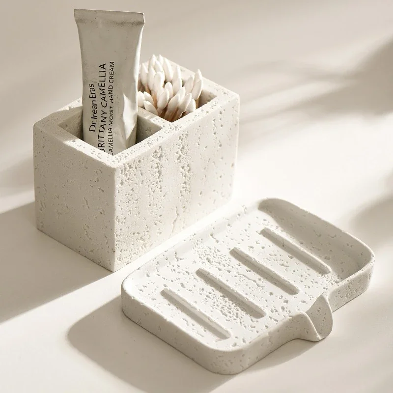 Wabi-Sabi Travertine Soap Dish, Sandstone Drainage Soap Holder for Bathroom Sink, Rustic Vanity Organizer, Minimalist Home Decor