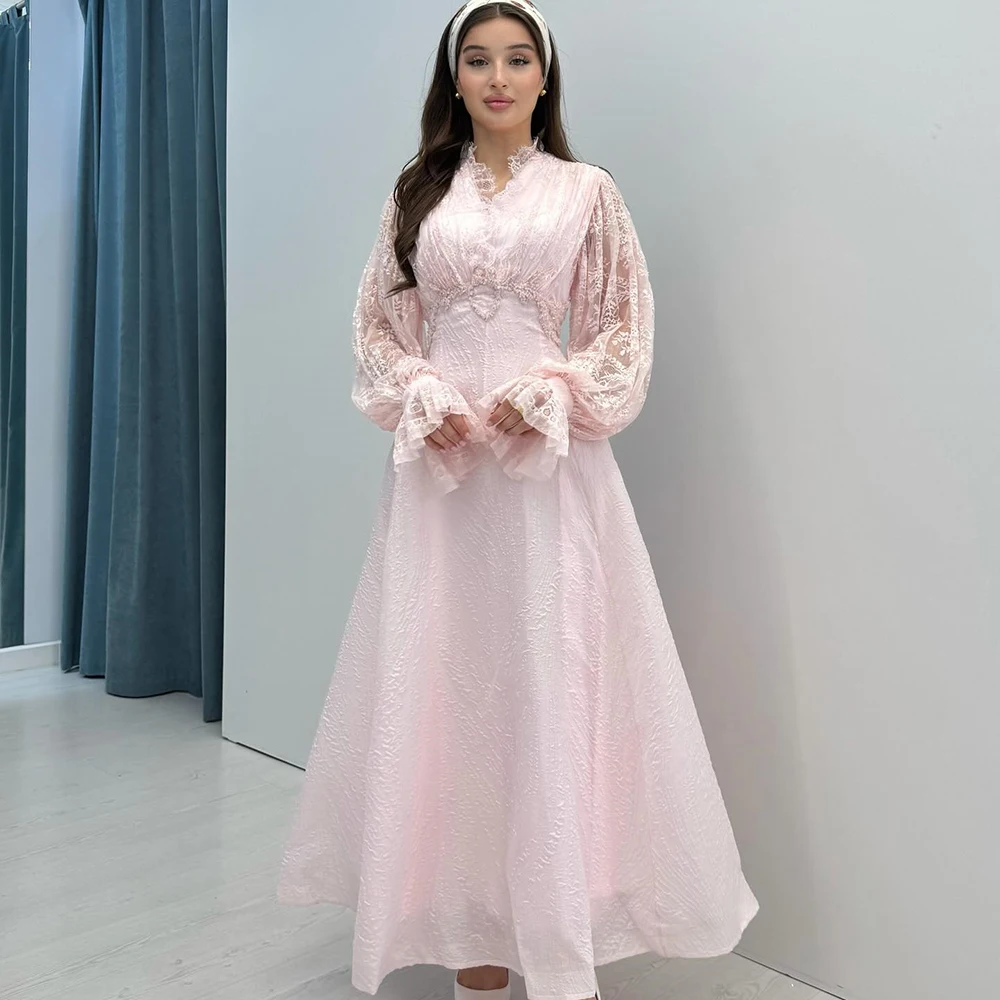 

Customized V-neck Pink A-line Tulle Evening Dress Full Lace Sleeves Simple Party Dress Tea-Length ILLUSION Prom Gown