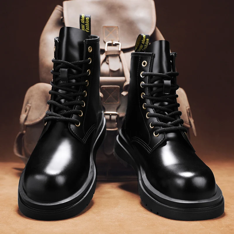 

Autumn Winter Retro Thick Soled Mid Top Men Boots Black Height Increasing Anti Slip Youth Fashion Boots