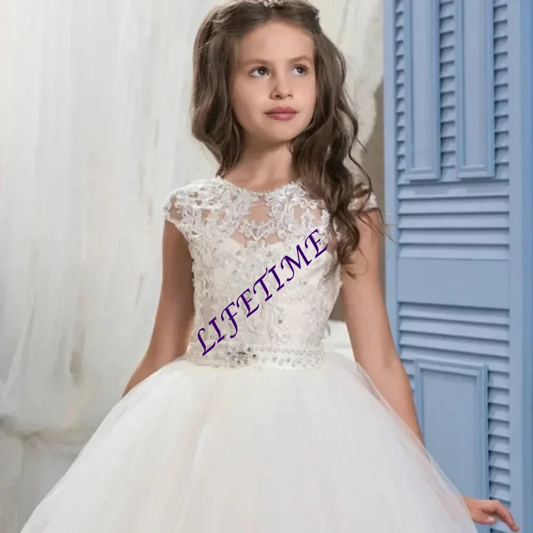 カスタマイズされた女の子用半袖レース刺繍チュールボールガウン、フォーマルな機会に最適、フラワーガールドレス、誕生日のお祝いに