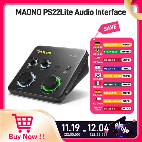 MAONO Interfaz de audio USB para PC, entrada XLR Software de enrutamiento de 24 bits/192 kHz LOOPBACK ASIO para grabar música, guitarra,DAW PS22 Lite