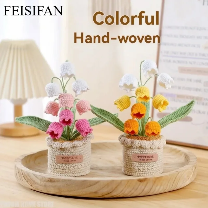 Hand Crocheted Nine-Bloom Lily of the Valley Potted Plant,Soft Milk Cotton Wool Ornament,Exquisite Desktop Decor & Creative Gift