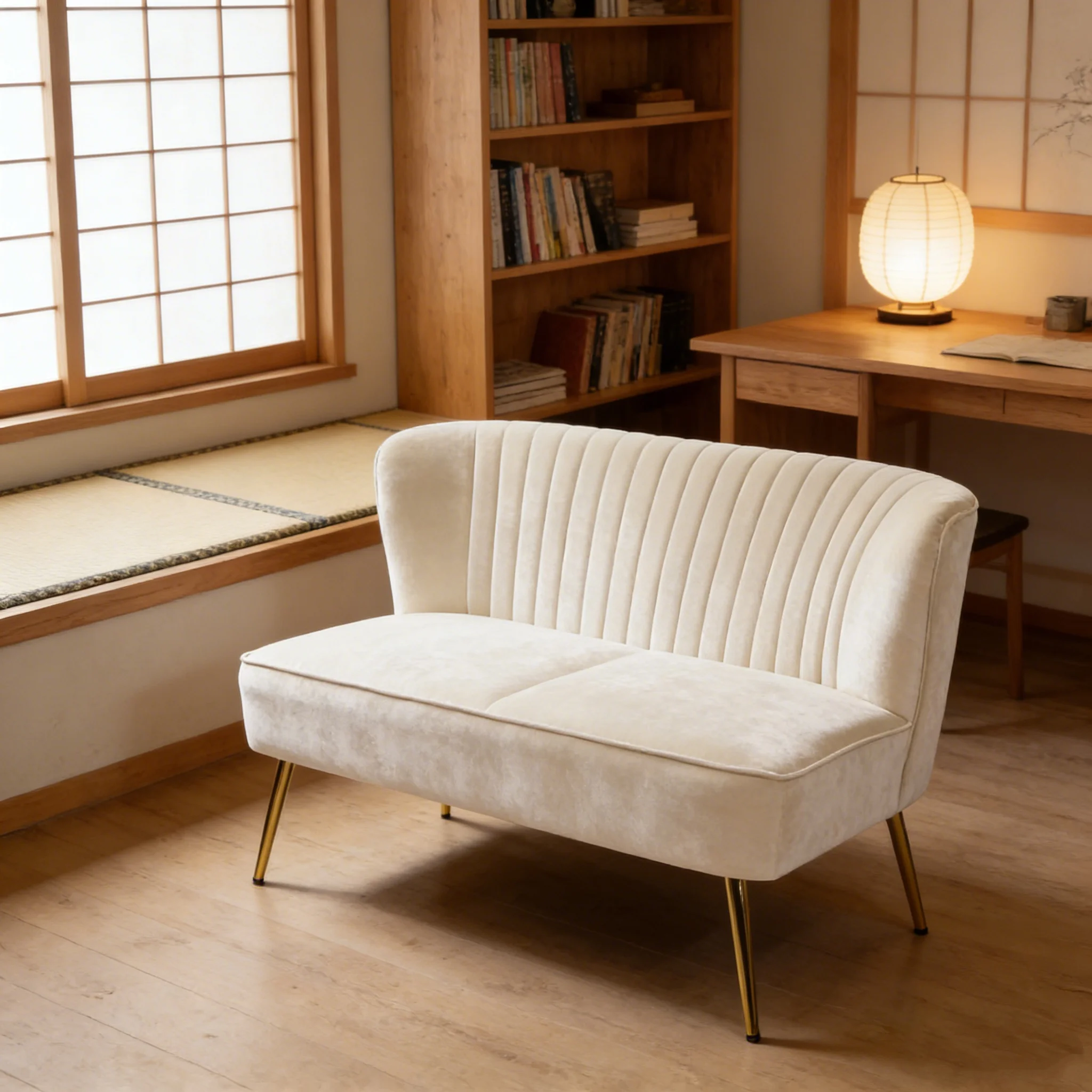 

wr-Modern Luxury love Seat Velvet Leather Two Seat Curved Sofa Gold Base Lush Floral Garden Leisure Waiting Chair for 2 Persons！