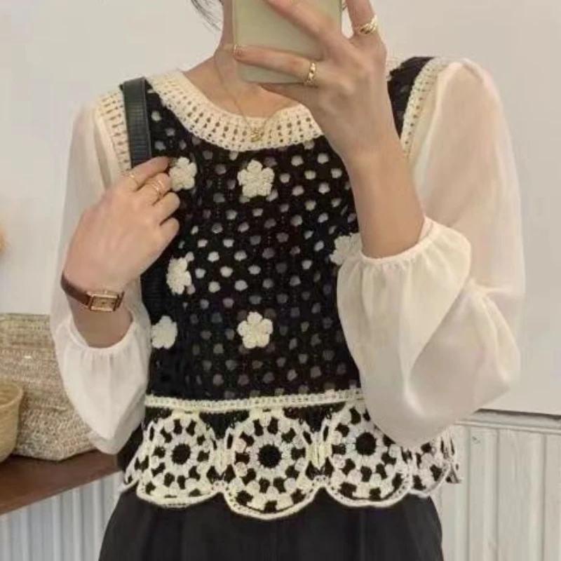 Fake 2 Pcs Blouses Women Hollow Out Designed Sweet Heart Girls Leisure O-neck Crop Patchwork Streetwear New Summer Chic Vintage