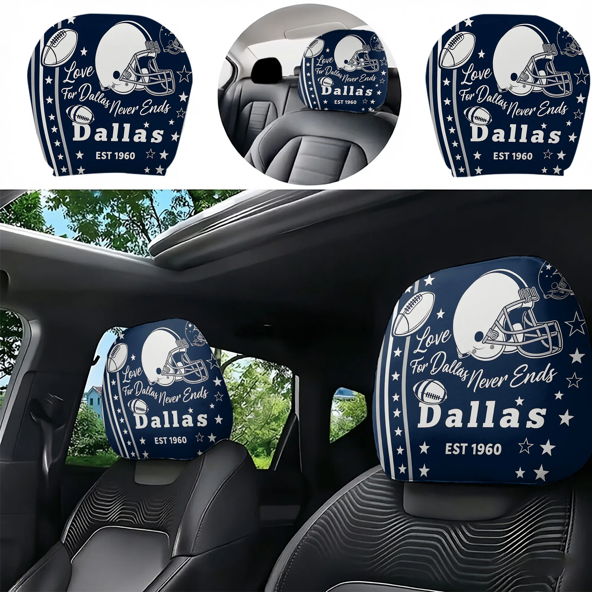 2pcs American Football-Themed Car Headrest Covers—add an eye-catching visual effect to your car’s interior. Not filled. Easy to