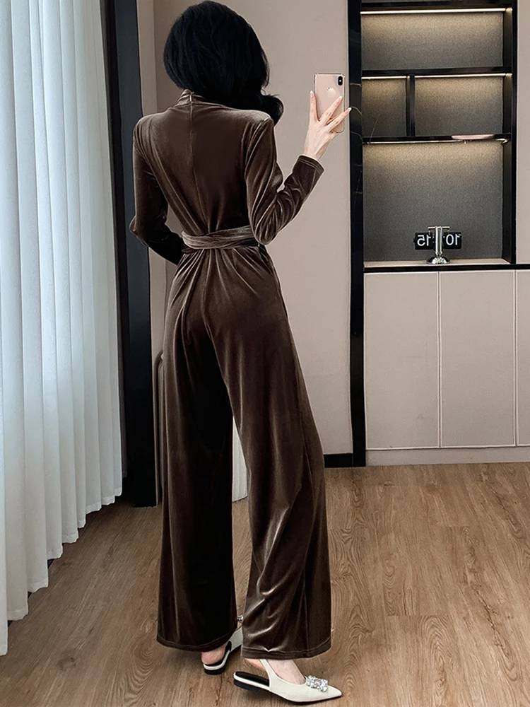 Autumn Elegant Fashion Solid Color Velvet Jumpsuit Women V-Neck Long Sleeve Office OL High Waist Lace Up Slim Wide Leg Rompers