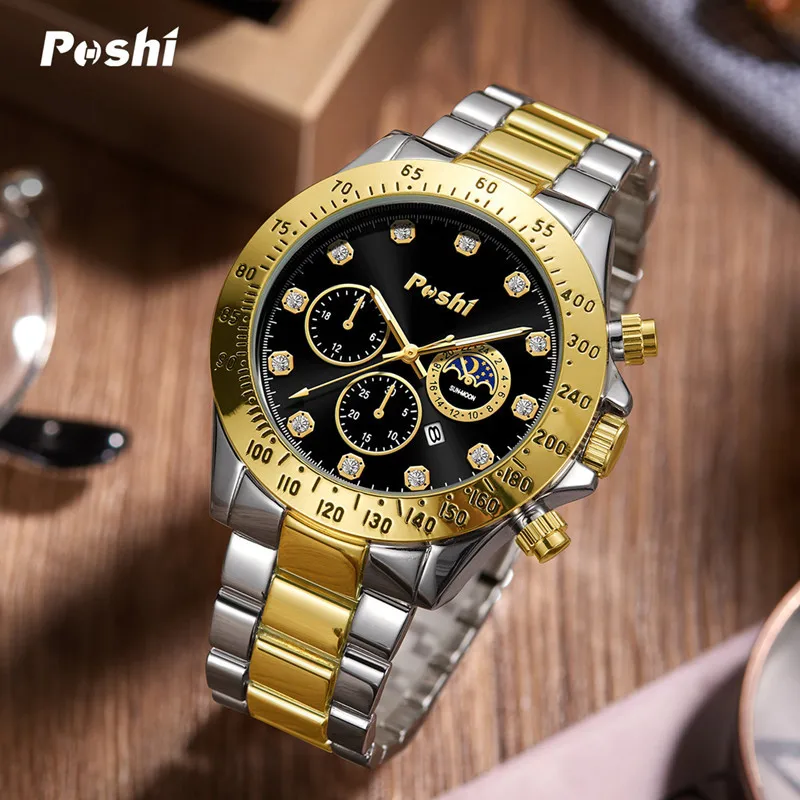 POSHI 2024 New Business Quartz Watch Stainless Steel Waterproof Luxury Male Wrist Watches Men Casual Luxury Watches for Man