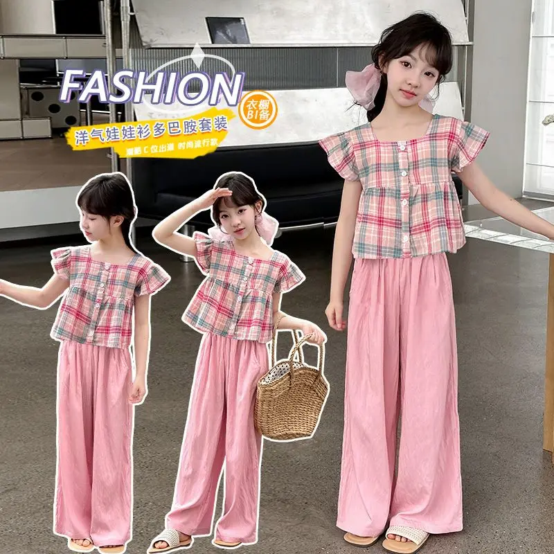 Summer Sweet and Casual 3-10 Year Old Girls and Teenagers Pink Suit Square Collar Checkered Top+Wide Leg Pants Two Piece Set Kid