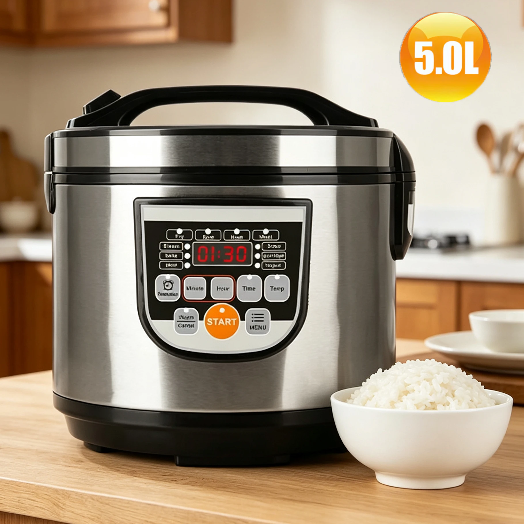 Olla Arrocera Eléctrica de 5L, 220V, con Pantalla LED, Multifuncional, para Sopa, Papillas, Vaporera, Calentador de Alimentos