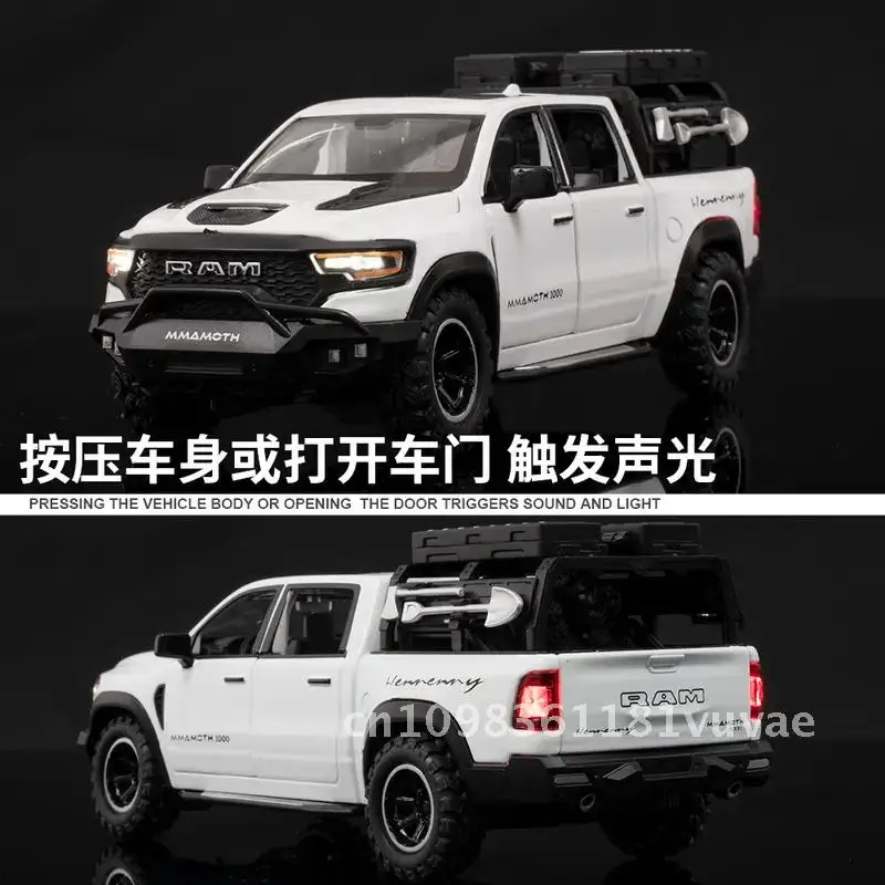 Dodge ram 1000 trx mamute 1:32 liga modelo de carro som e luz puxar para trás recurso brinquedo para crianças presente aniversário colecionável