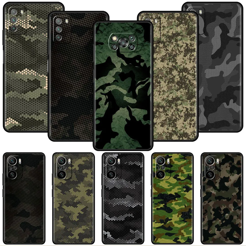 Soft Case For Xiaomi Redmi Note 9S 10 11 Pro 9 K40 8 9C Silicone Funda 9A 7 8T 10C Black Phone Cover Army Green Camouflage