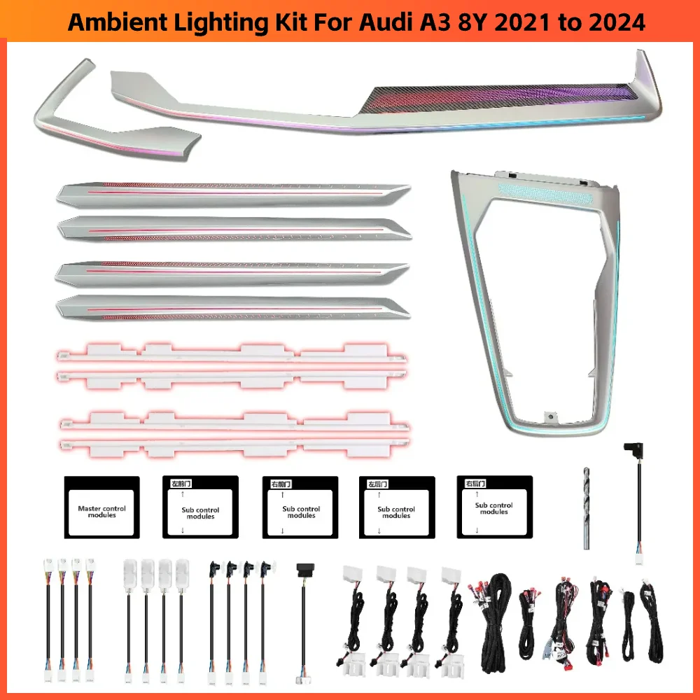 

Обновленная 64-цветная светодиодная отделка окружающего освещения для Audi A3 8Y 2021–2024, аксессуары для внутреннего освещения, дверные фонари приборной панели