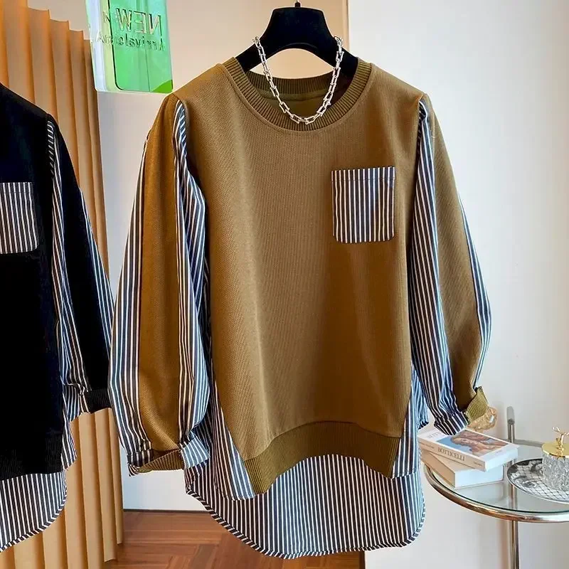 Oversized T-shirts Women Loose Striped Patchwork T Shirt Spring Autumn Trend Fake Two-Piece Long Sleeve Tshirt Casual Pullovers