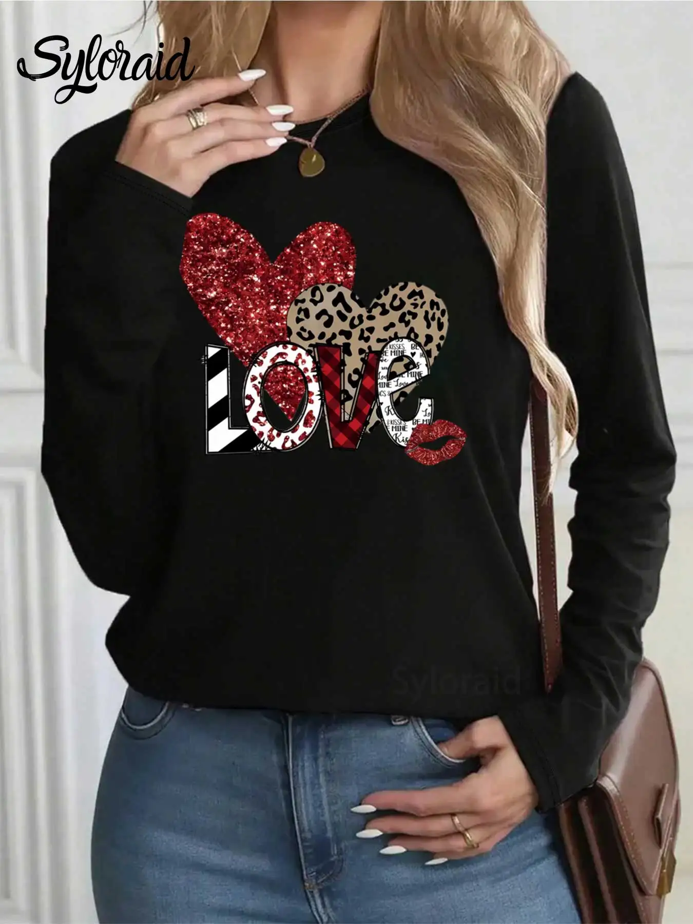 여성용 긴 소매 티셔츠 LOVE 발렌타인 데이 레오파드 하트 프린트 티셔츠 패션 라운드 넥 캐주얼 탑