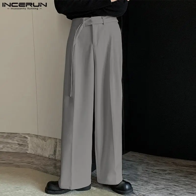 INCERUN 2024 Korean Style Pantalons New Men Matching Belt Design Straight Leg Trousers Casual Streetwerar Solid Long Pants S-5XL