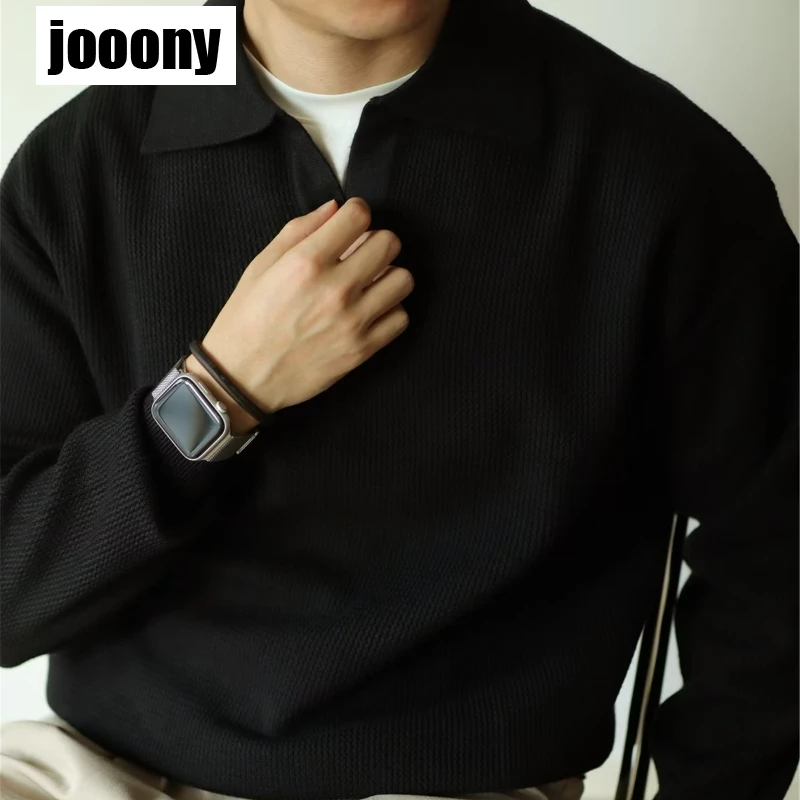 남성용 빈티지 니트 폴로 셔츠, 단색 상의, 캐주얼 스웨터, 긴팔 턴다운 칼라, 점퍼 상의, 가을