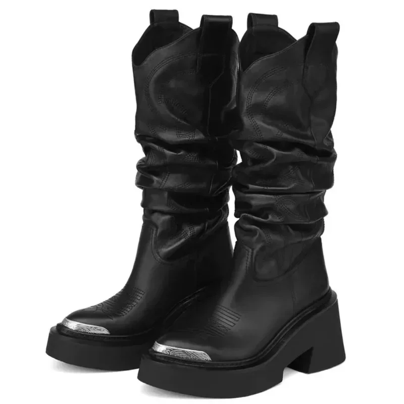 Luksusowa marka Motocyklowe damskie buty do łydki Platforma Chunky High Heels Goth Metal Punk Buty dla kobiet Zimowe wygodne buty designerskie