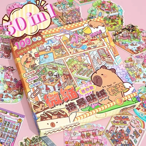 Caja 50 en 1, pegatinas de paisaje de escena en miniatura, pegatinas tridimensionales para casa, juguetes, regalos de cumpleaños para niñas