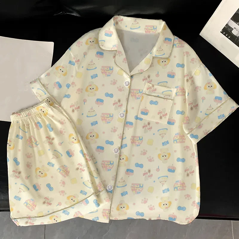 بيجامة نسائية طقم بيجامة كاجوال مطبوع لطيف وأكمام قصيرة وأزرار وطية صدر السترة بلوزات وسراويل مريحة ملابس نوم صيفية مريحة