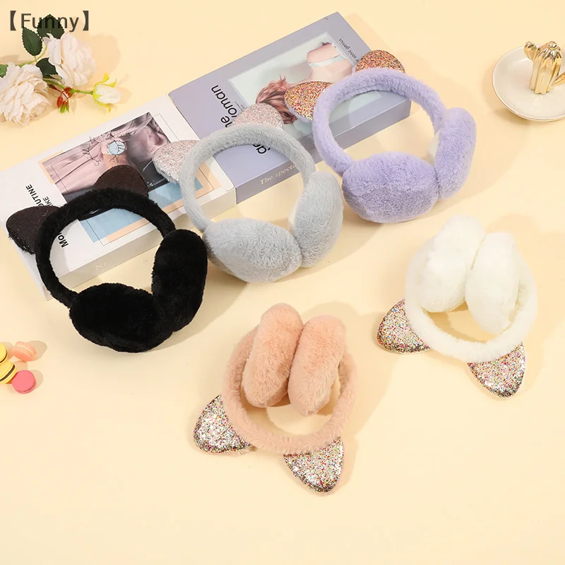 New Lovely Winter Warm Cat Ear Warmers Glitter Ears Plush Earmuffs For Women Playful Girls Ear Muffs Cold Protection Warm Hot