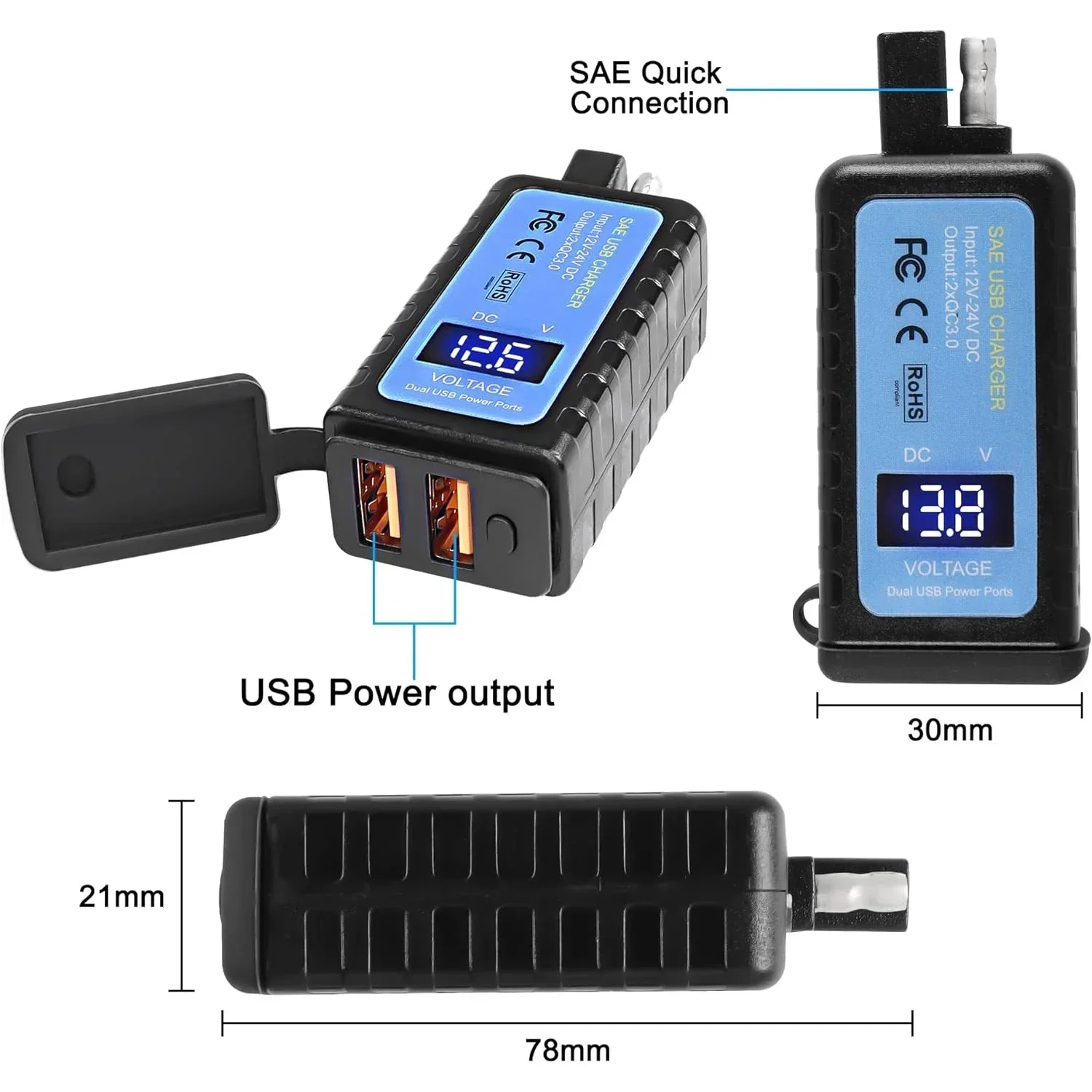 Motorcycle 36W USB Charger SAE To Dual USB QC3.0 Charger Voltmeter ON/Off Switch 100CM Cable Waterproof Motorcycle Accessories