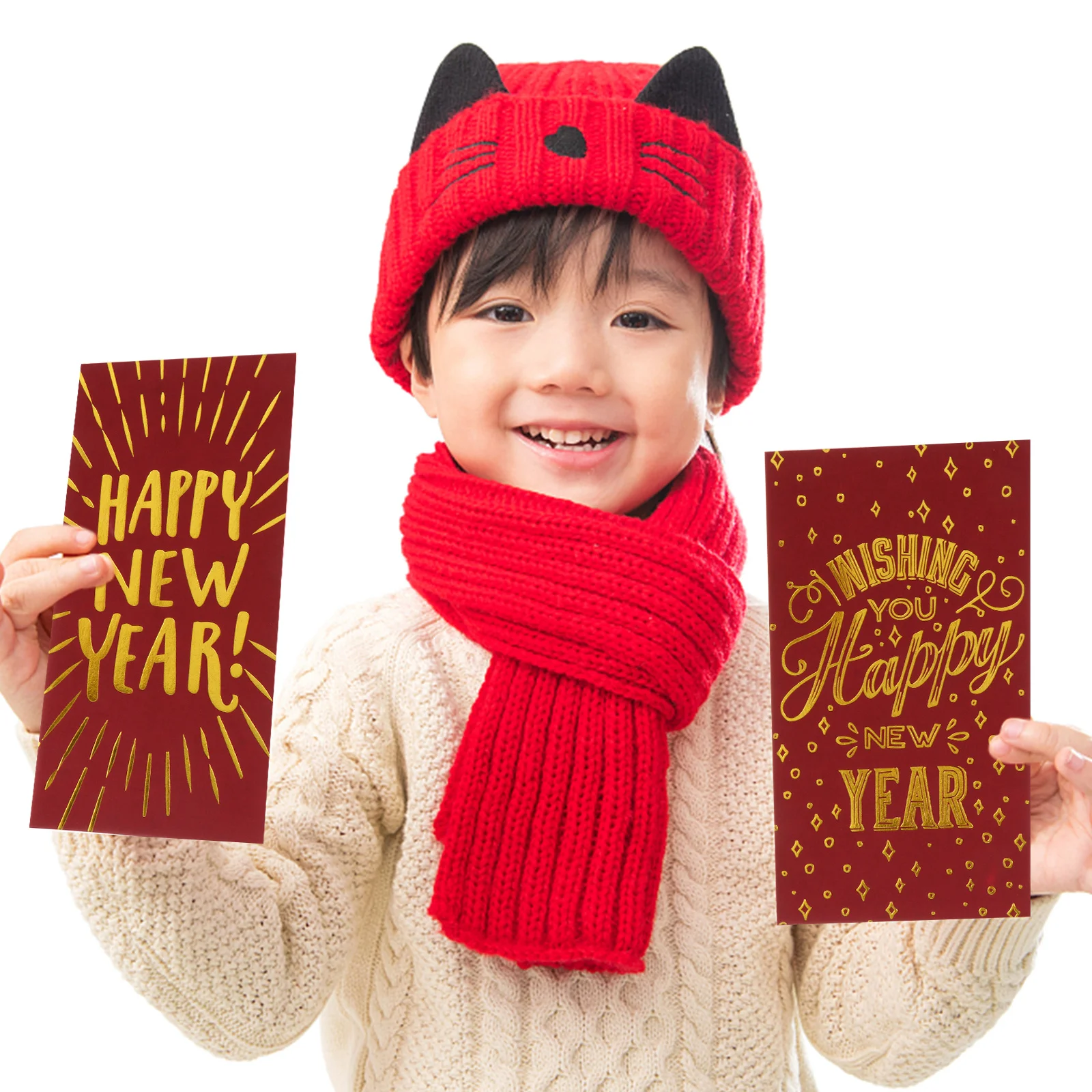 10pcs New Year Greeting Cards Spring Festival Red Design Eco-Friendly Paper Golden Print Holiday Gift For Kids Friends Wishes