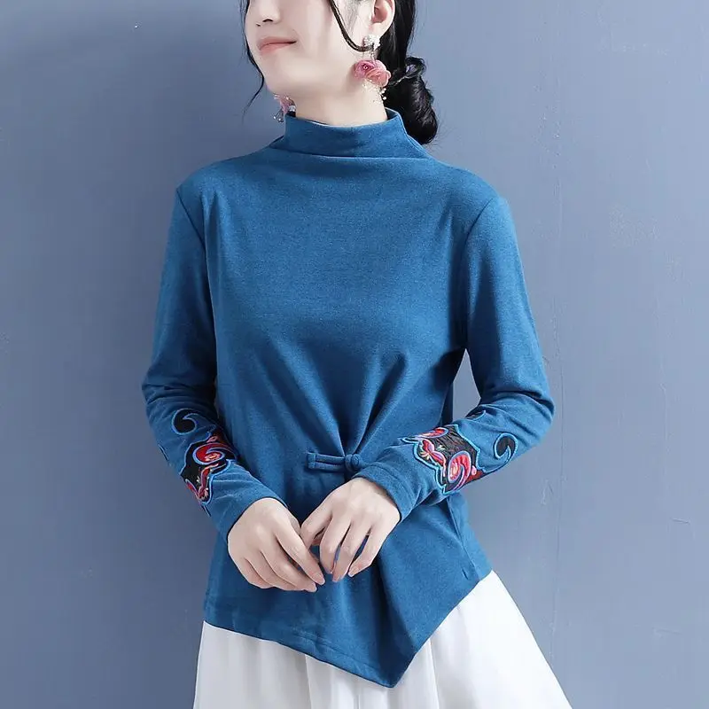 Half Turtle Neck Women's Autumn and Winter New Literary Retro Patch Embroidered Ethnic Style Solid Top Women