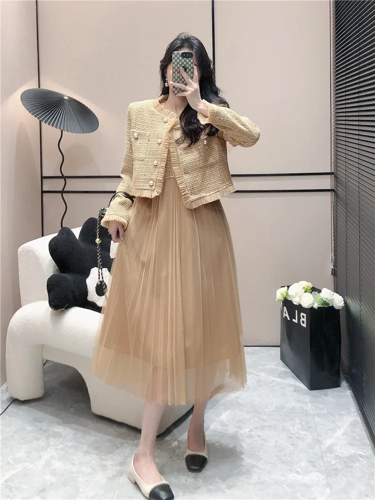 

Elegant Womens Two Peice Sets Chic Long Sleeve O-neck Rufffle Korean Coat + High Waist Mesh Sling Dress 2023 Autumn New