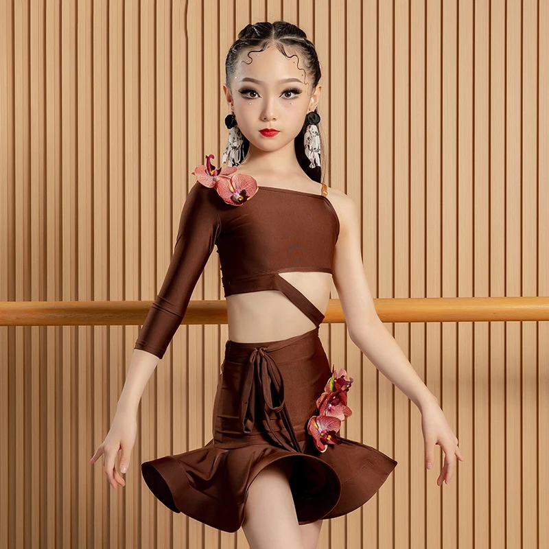 

Kids Professional Split Suits Girls Single Sleeve Latin Top Skirt Children'S Samba Tango Latin Dance Costume Stage Wear SL10001