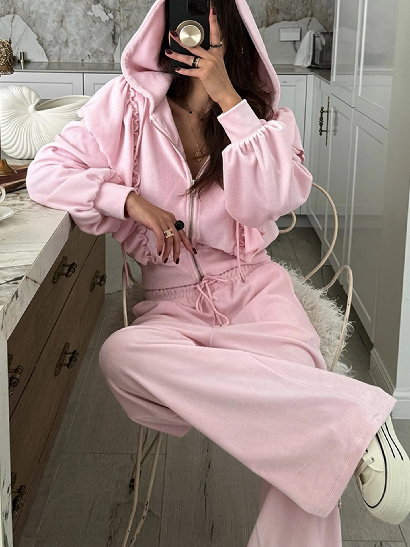 Chic Autumnal Hoodie Jacket And High Waist Wide Leg Pants Set for Women with Lace Trim Casual Fashion Outfit Two Piece Set