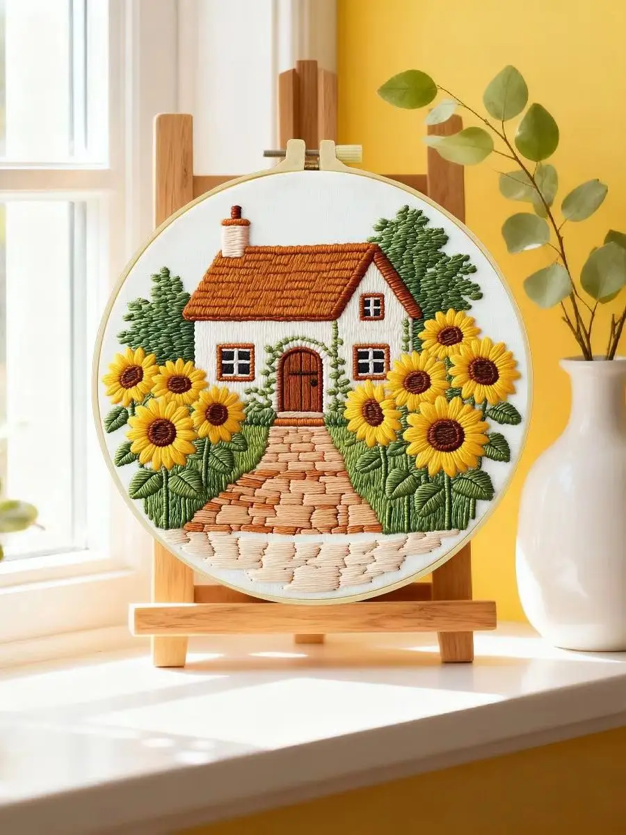 1 Stück 20X20CM/15X15CM 7,87/6,3 Zoll Sonnenblumen-Haus Stickerei Starter-Kit DIY-Kit DIY-Stickerei-Set Handarbeiten Nähkunst – Detail 6