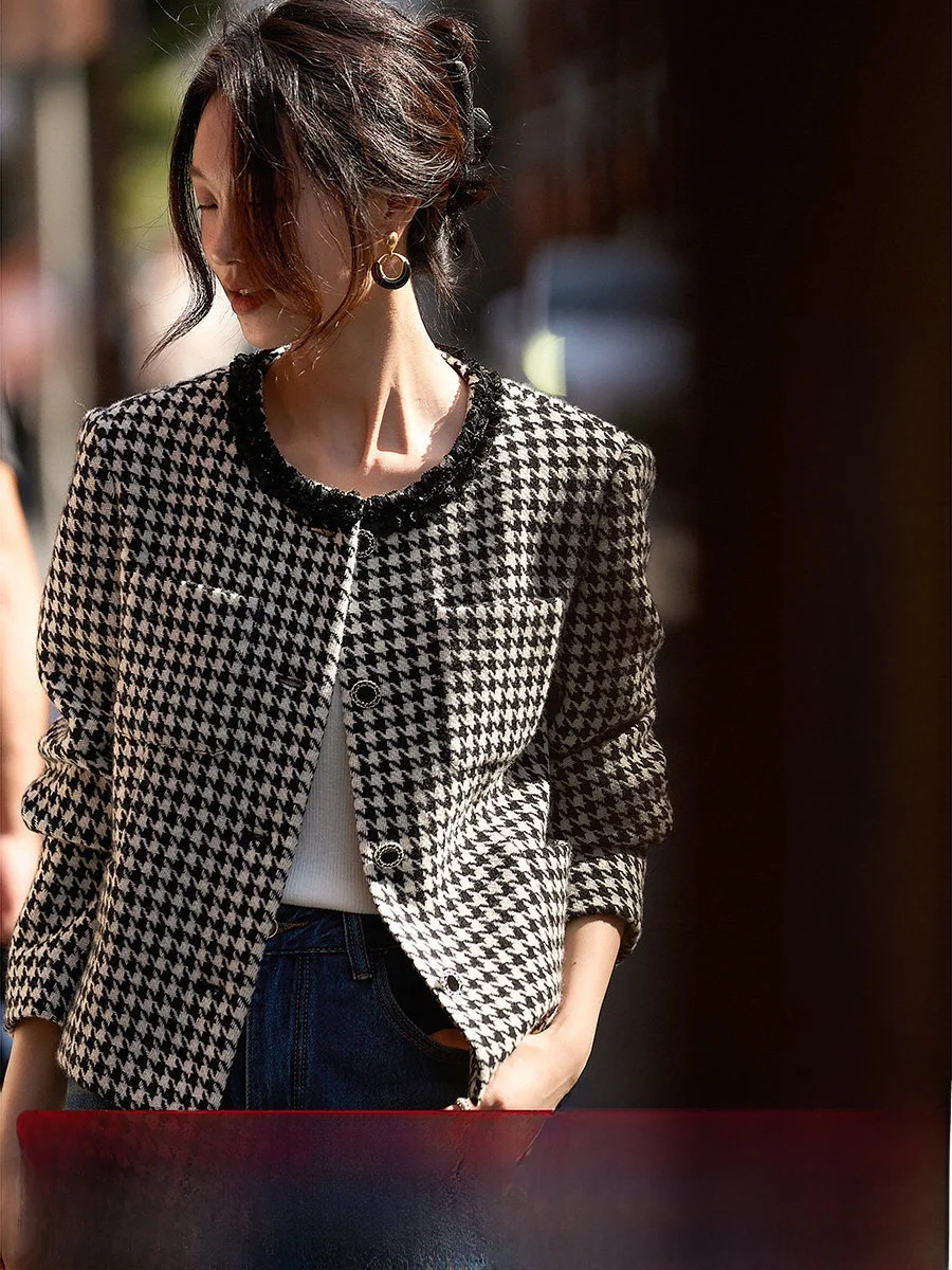 

Xhange Imported Fine Wool ort Outerwear Ele Plaid Design Commute Sle Women's Coat Warm Straight Cut Long Sve round...