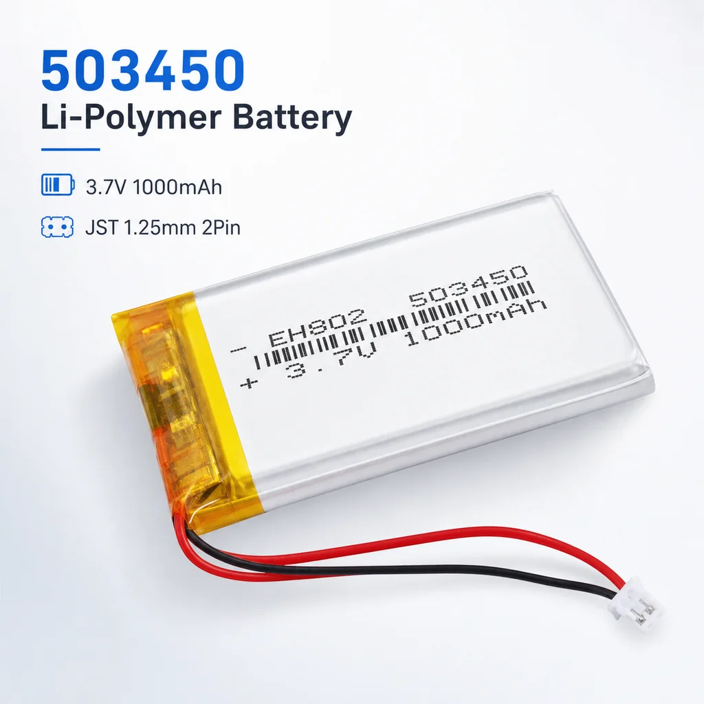 Lithium Polymer Battery 503450 3.7V 1000mAh with JST 1.25mm 2Pin Plug Replacement for Camera MP3 DVD LED Lamp