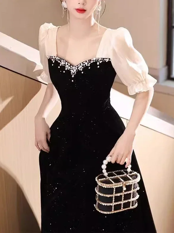 Customized Black Temperament Slim Waist Short Sleeve Evening Dresses Simple Square Collar Gentle Wedding Party Vestidos Sequined