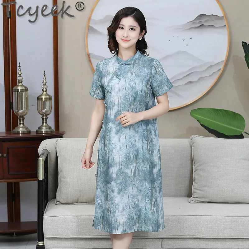 Tcyeek 45% Cotton Dress Women Summer Clothes Elegant and Pretty Women's Dresses Chinese Style Qipao Dress Vestido Feminino 2024