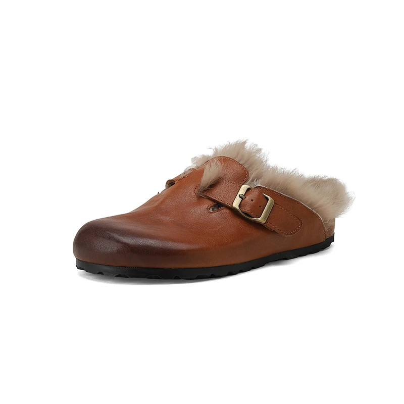 

Women's Oiled Leather Clogs with Fur Lining Big Buckle Strap Contoured Cork Footbed Slipper Flexible Rubber Sole Flat Mules