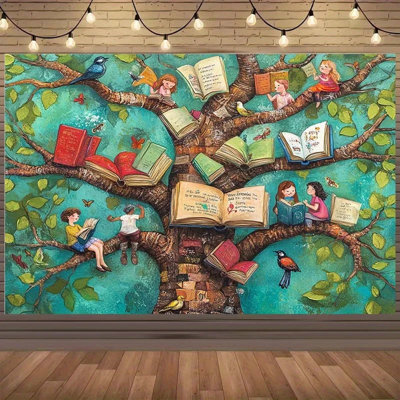 VIKAMA Book Tree Tapestry Background Classroom Decorative Educational Space Wall Hanging School Study Room Decorative Tapestry