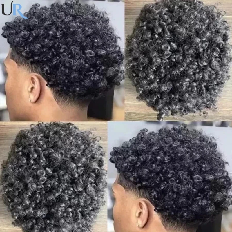 Afro Curly Toupee Para Homens, Unidade Durável De Cabelo Completo Da Pele, Perucas De Prótese De Cabelo Masculino, Cabelo Humano, 4mm