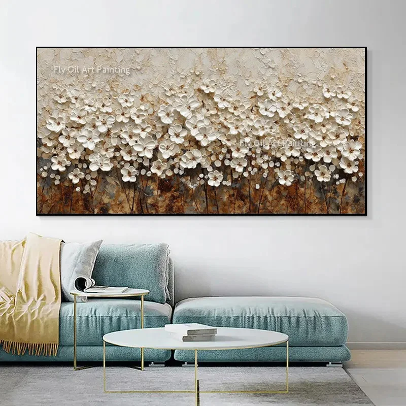 Brown And White Small Flowers Wall Art Knife Thick Oil Pianting Handmade Simple Fashional Design Yellow Beige Florals Art Decor