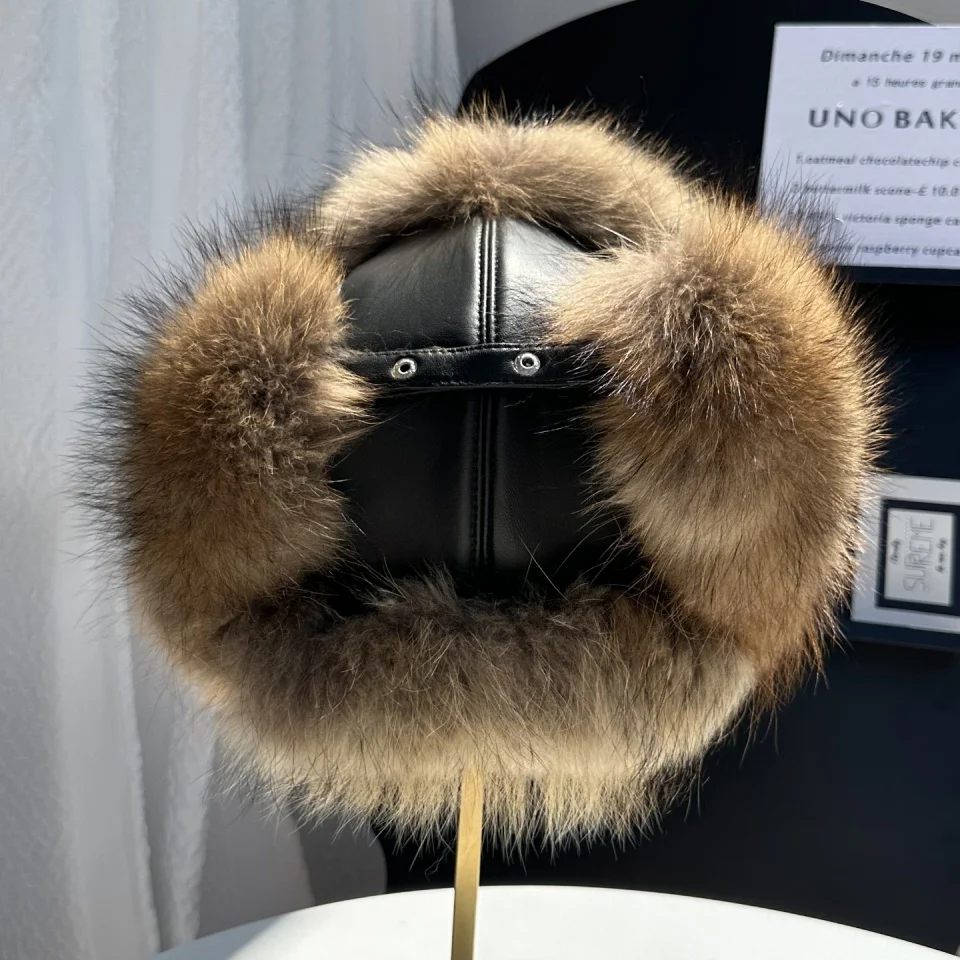 New 100% Genuine Fox Fur Ear-Protecting Hat Men Real Raccoon Fur Hat Women Winter Warm Fur Real Sheep Leather Snow Hat